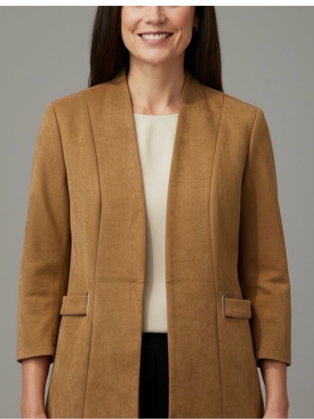 Women's Camel Open-Front Longline Blazer Faux Suede Jacket